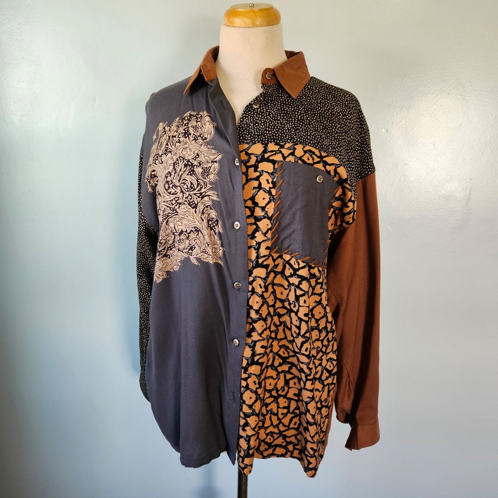 Together! Mixed Print Patchwork Button Up Shirt Brown Medium Vintage 80s 90s